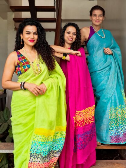Calyz Blue Linen Saree with Collage Technique - Image 13
